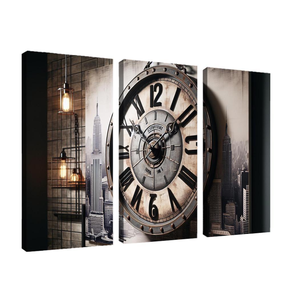 Industrial-Style Wall Clock with Distressed Finish 3 Piece HD Canvas Wall Art-Original Frame