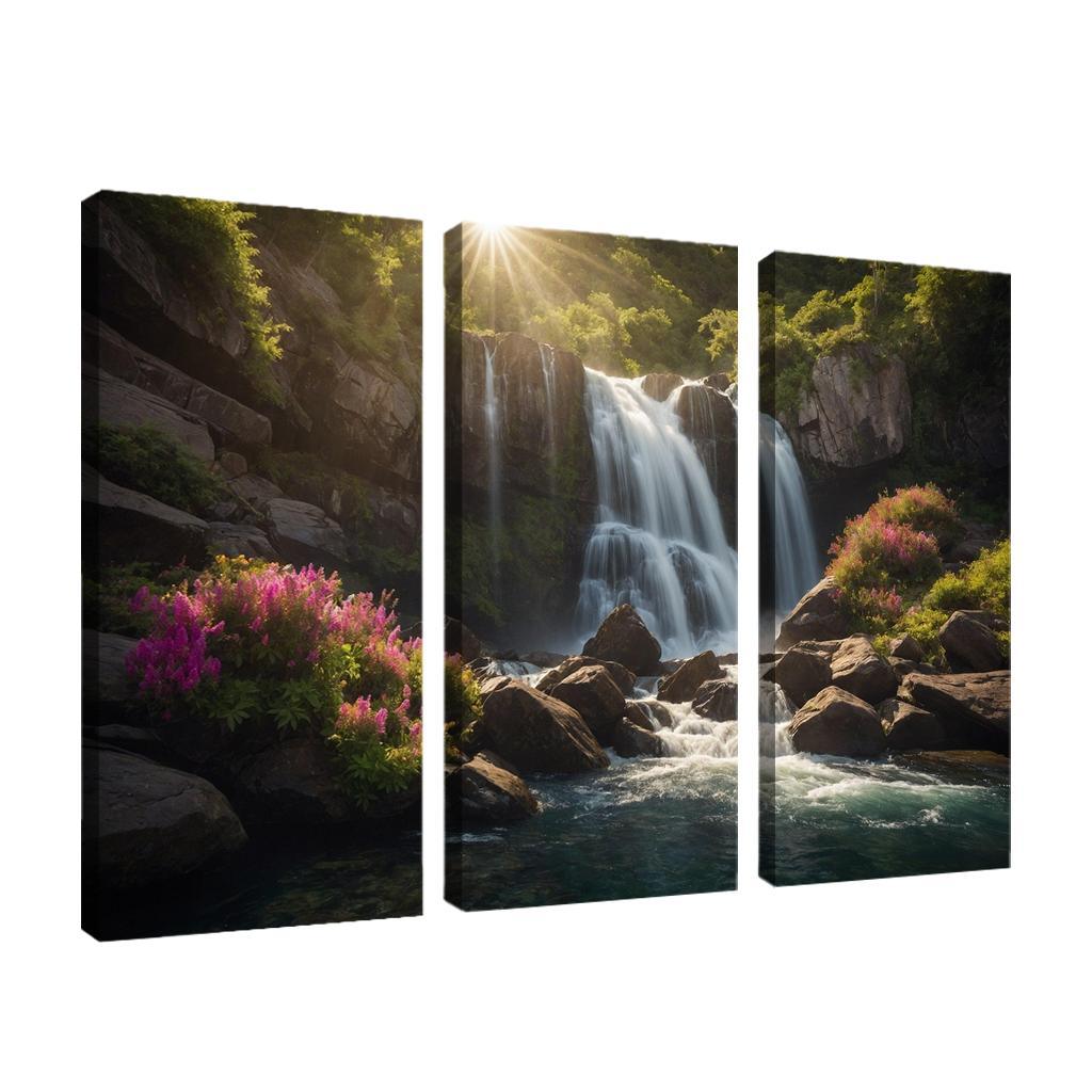 The Enchanted Cascade of Crystal Falls 3 Piece HD Canvas Wall Art-Original Frame