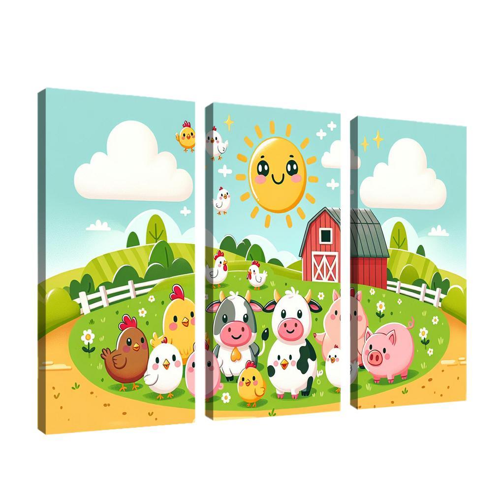 Frolicsome Farm Friends 3 Piece HD Canvas Wall Art-Original Frame