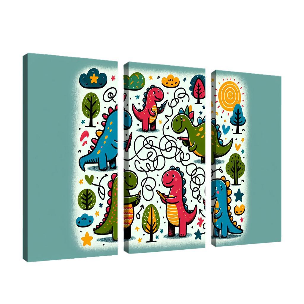 Doodle Dino Friends 3 Piece HD Canvas Wall Art-Original Frame