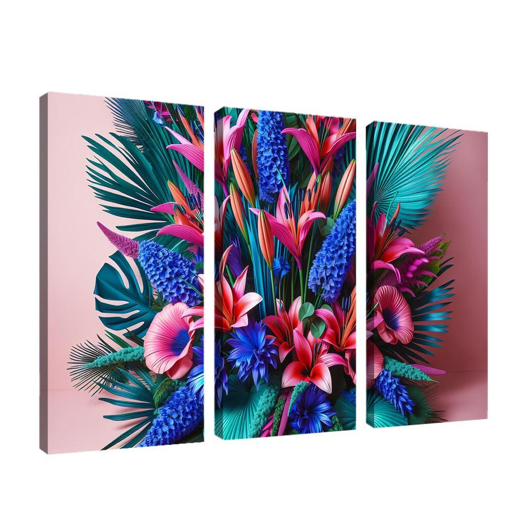 Glistening Tropics A Coastal Floral Experience 3 Piece HD Canvas Wall Art-Original Frame