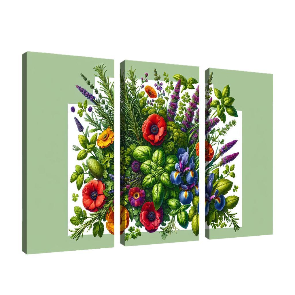 Aromatic Garden The Herb and Blossom Fusion 3 Piece HD Canvas Wall Art-Original Frame