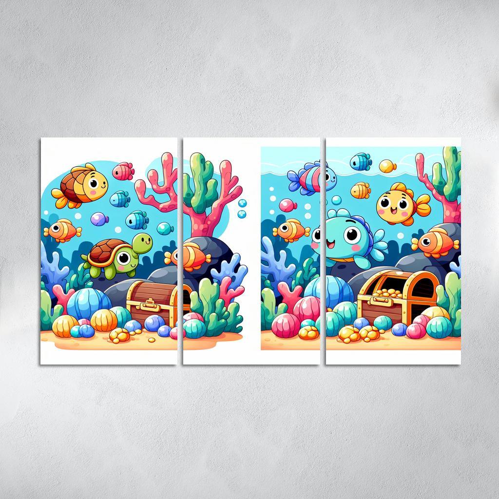 Underwater Treasure Hunt 3 Piece HD Canvas Wall Art-Original Frame
