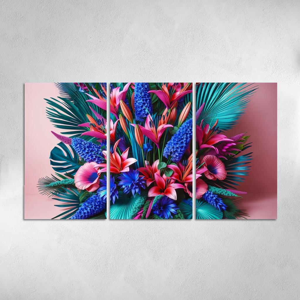 Glistening Tropics A Coastal Floral Experience 3 Piece HD Canvas Wall Art-Original Frame