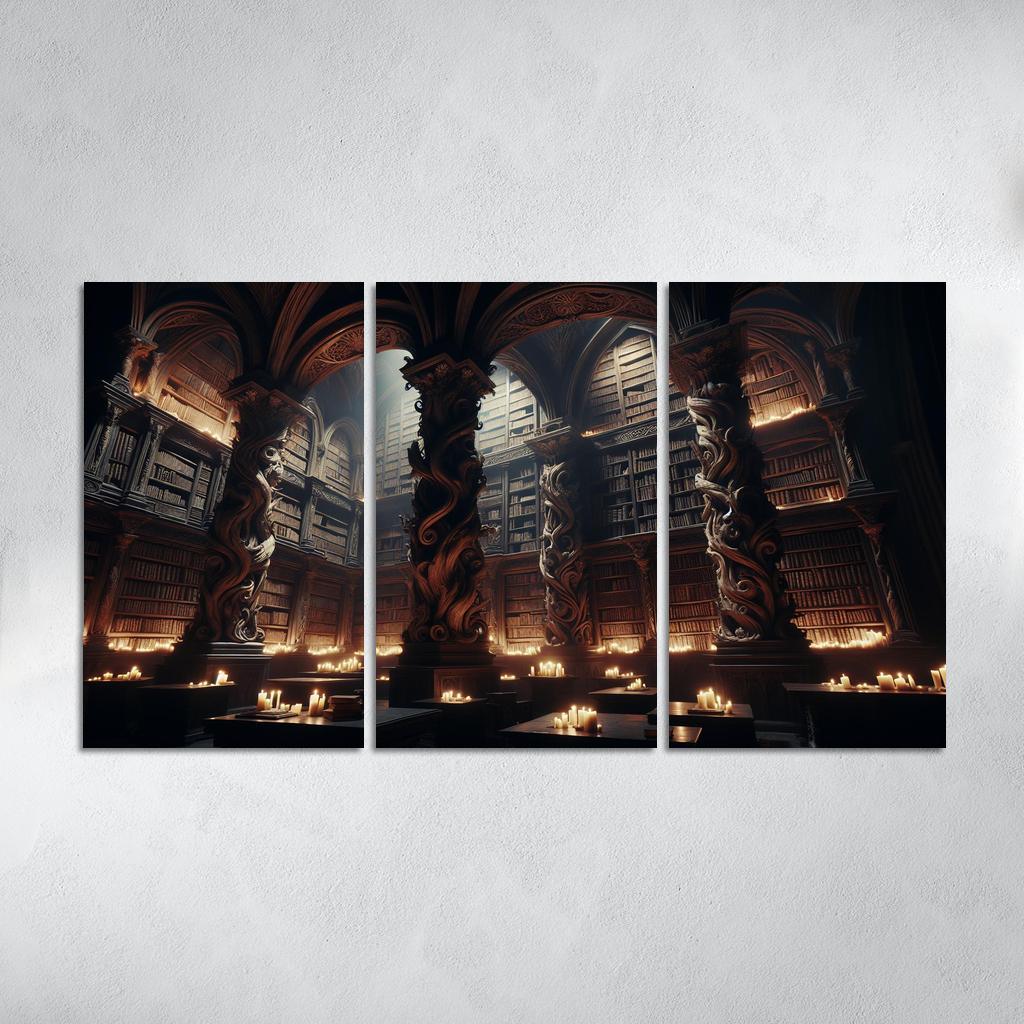 Phantom Library Enchanted Shelves of Darkness 3 Piece HD Canvas Wall Art-Original Frame