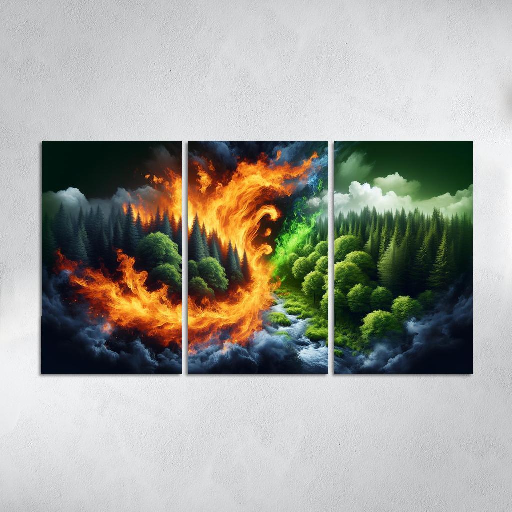 Flames of Awareness The Reality of Wildfires 3 Piece HD Canvas Wall Art-Original Frame