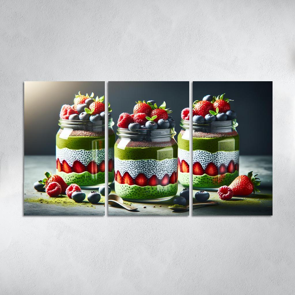 Matcha Chia Seed Pudding 3 Piece HD Canvas Wall Art-Original Frame