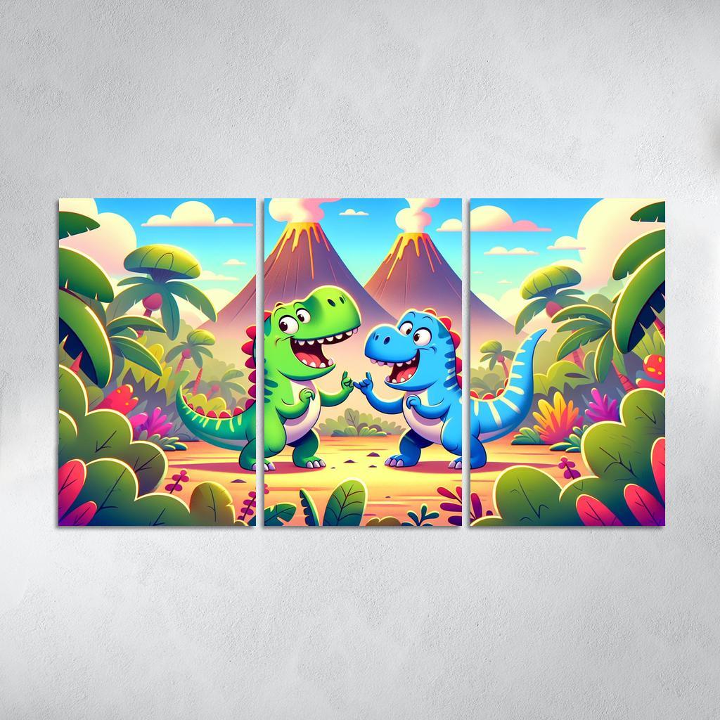 Dancing Dinosaur Duo 3 Piece HD Canvas Wall Art-Original Frame