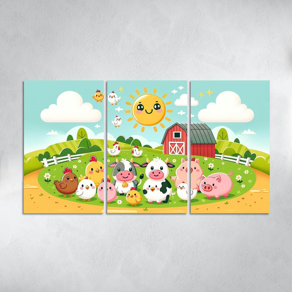 Frolicsome Farm Friends 3 Piece HD Canvas Wall Art-Original Frame
