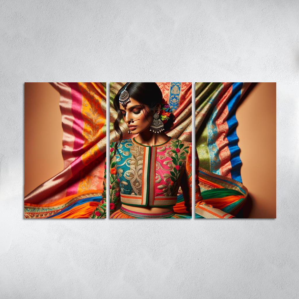 Ethnic Fusion Blending Cultures in Fashion 3 Piece HD Canvas Wall Art-Original Frame