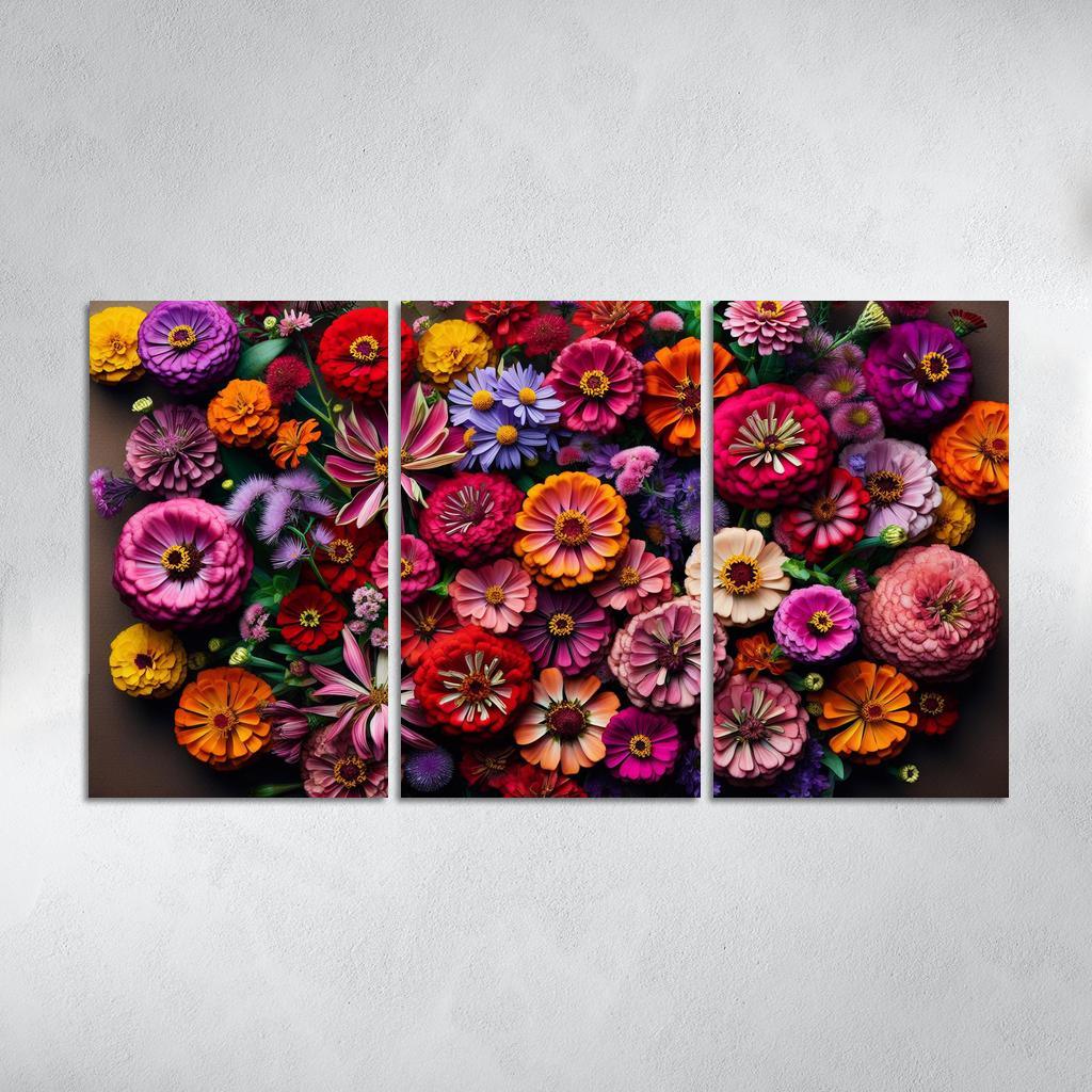 Floral Mosaic A Patchwork of Blooms 3 Piece HD Canvas Wall Art-Original Frame