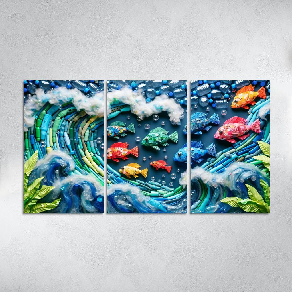 Plastic Ocean Art for Ocean Conservation 3 Piece HD Canvas Wall Art-Original Frame
