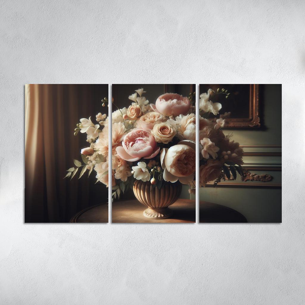 Victorian Romance A Nostalgic Floral Display 3 Piece HD Canvas Wall Art-Original Frame