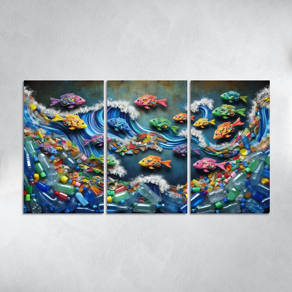 Plastic Ocean Art for Ocean Conservation 3 Piece HD Canvas Wall Art-Original Frame