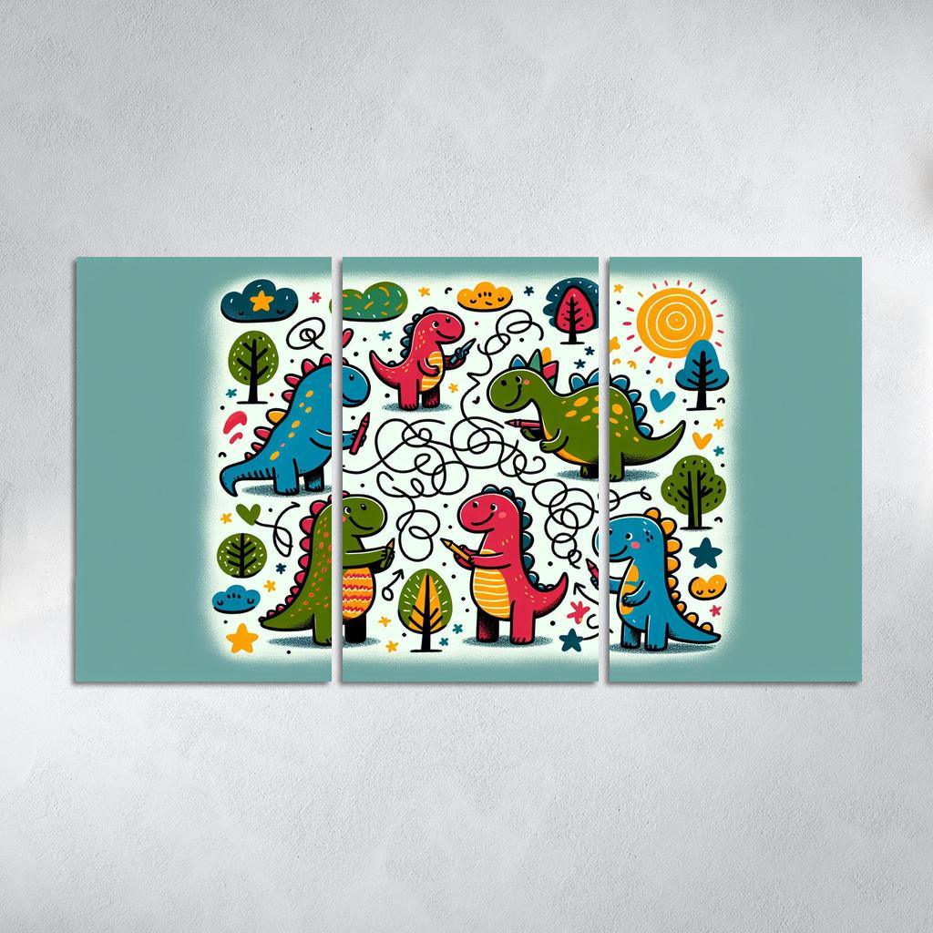 Doodle Dino Friends 3 Piece HD Canvas Wall Art-Original Frame
