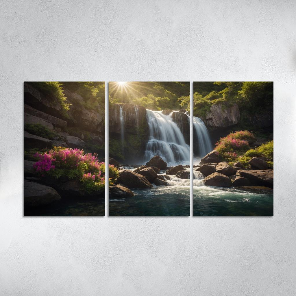 The Enchanted Cascade of Crystal Falls 3 Piece HD Canvas Wall Art-Original Frame