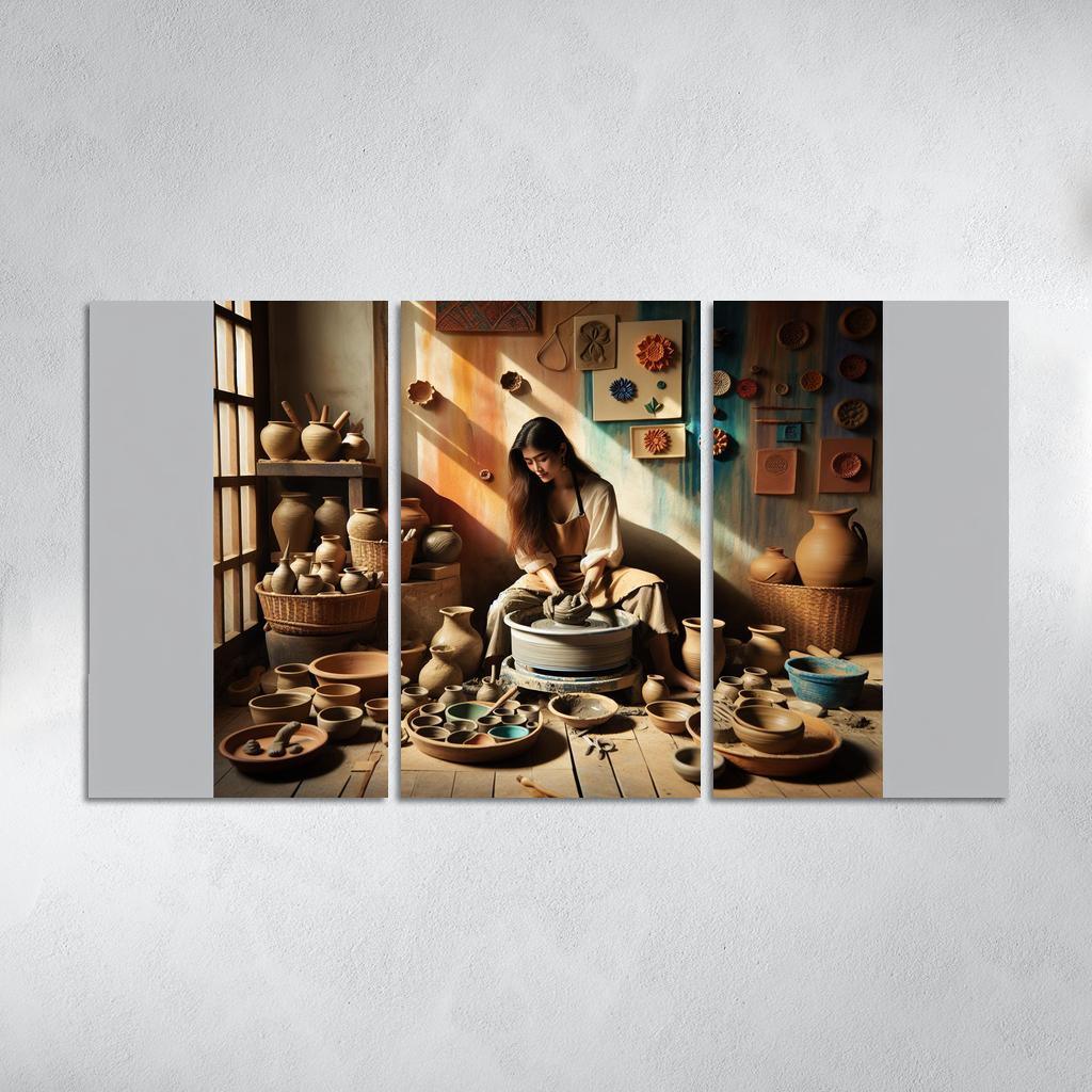 Pottery Wheel Throwing Shaping Your Imagination 3 Piece HD Canvas Wall Art-Original Frame