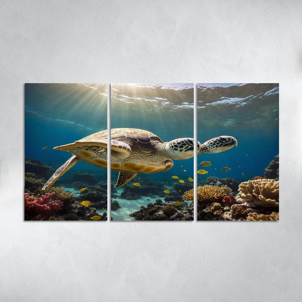 The Enigmatic Green Sea Turtle Gliding Through Coral Reefs Framed Paintings