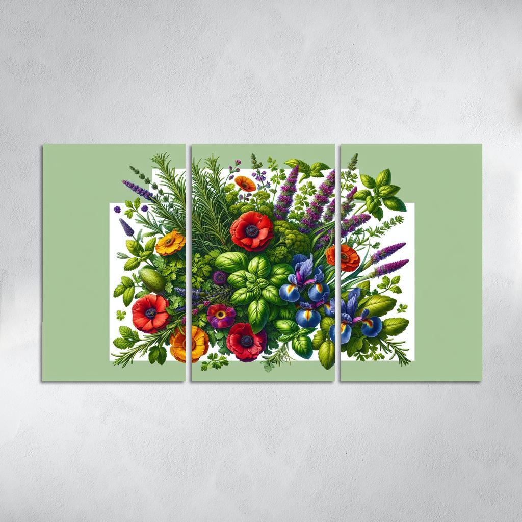 Aromatic Garden The Herb and Blossom Fusion 3 Piece HD Canvas Wall Art-Original Frame