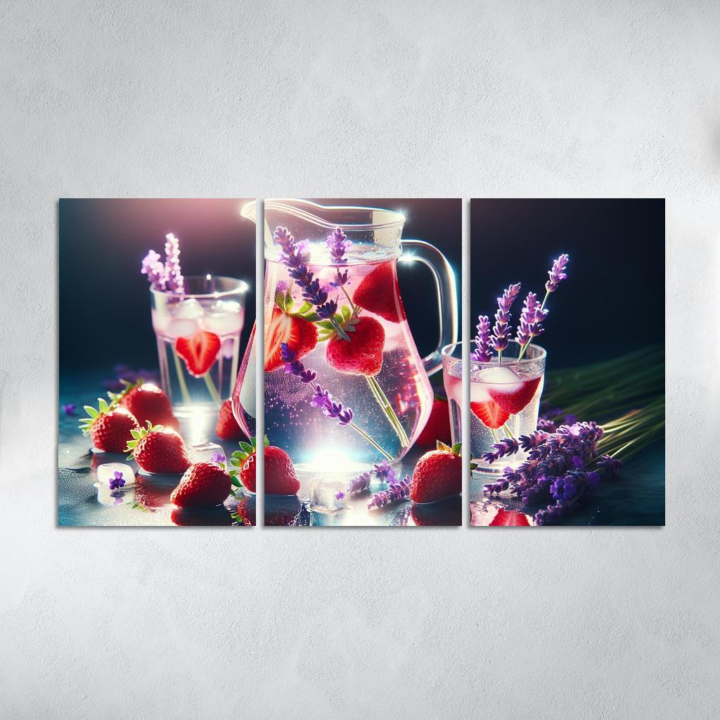Strawberry Lavender Infused Water 3 Piece HD Canvas Wall Art-Original Frame