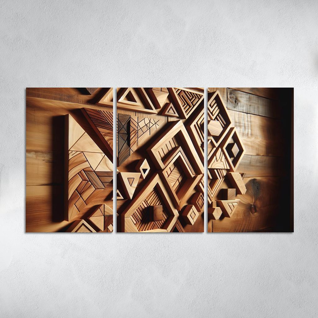 Geometric Wooden Wall Shelves 3 Piece HD Canvas Wall Art-Original Frame