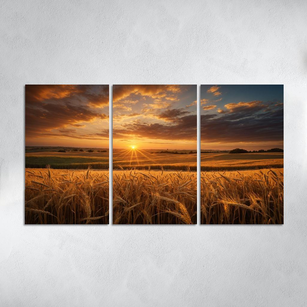 The Glorious Shades of Sunset on Rolling Fields 3 Piece HD Canvas Wall Art-Original Frame