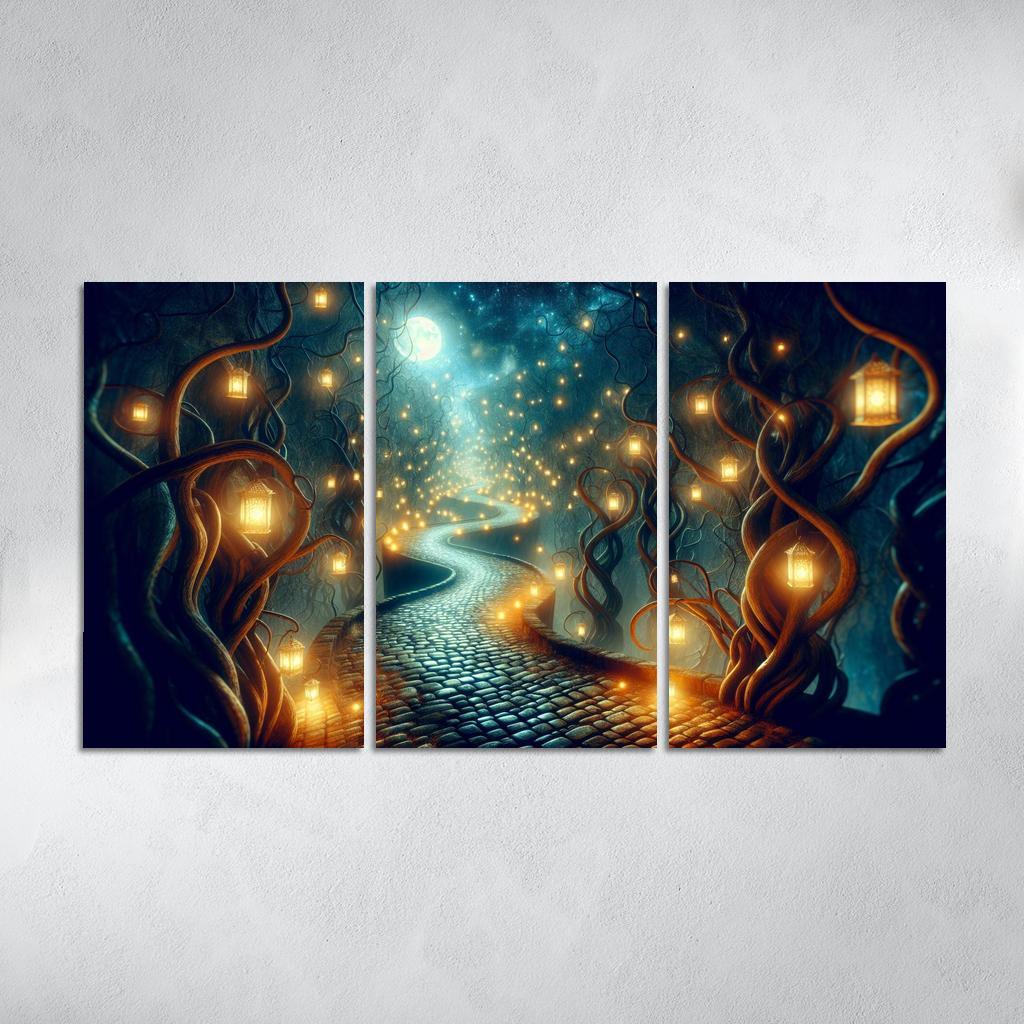 Moonlit Pathway The Journey of Shadows 3 Piece HD Canvas Wall Art-Original Frame