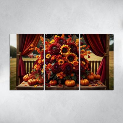 Autumn's Embrace A Seasonal Floral Bounty 3 Piece HD Canvas Wall Art-Original Frame