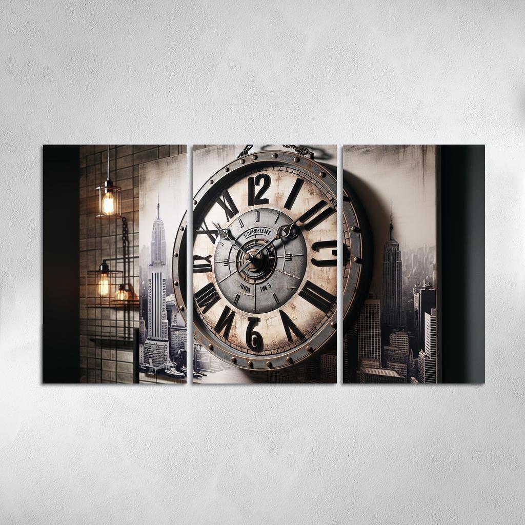 Industrial-Style Wall Clock with Distressed Finish 3 Piece HD Canvas Wall Art-Original Frame
