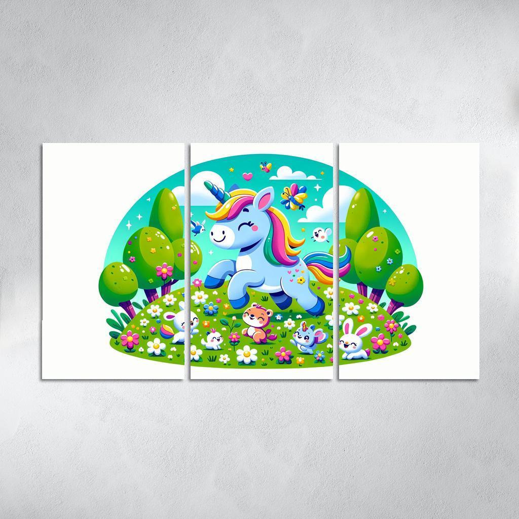 Rainbow Unicorn Friends 3 Piece HD Canvas Wall Art-Original Frame