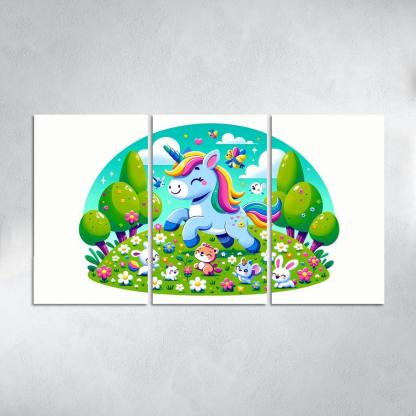 Rainbow Unicorn Friends 3 Piece HD Canvas Wall Art-Original Frame
