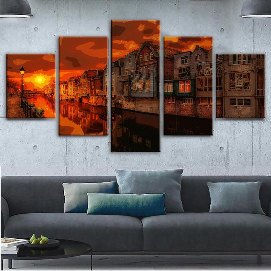 Evening Radiance in the City Multi-Panel Canvas Art Frame-Original Frame