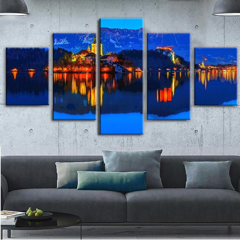 Lake Bled Slovania 5 Piece HD Multi Panel Canvas Wall Art Frame-Original Frame