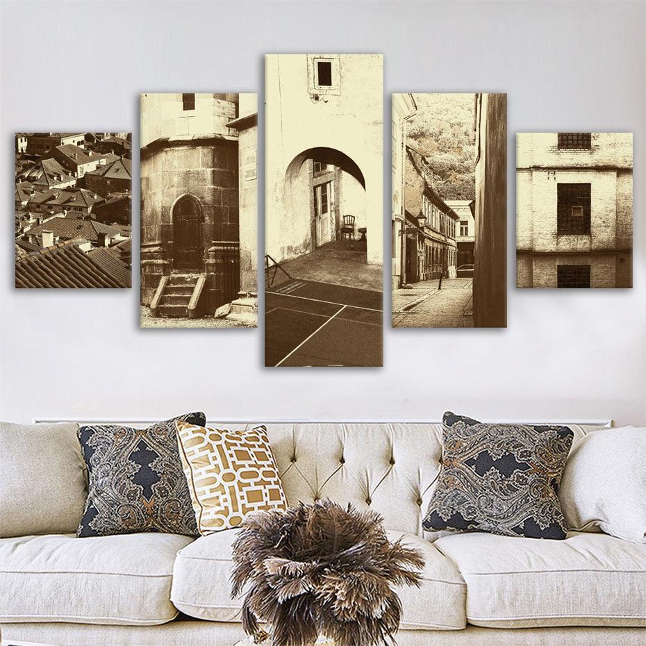 Vintage Streets Of Europe 5 Piece HD Multi Panel Canvas Wall Art Frame-Original Frame