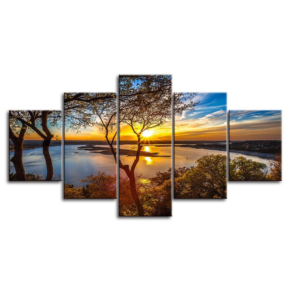 Sunset Lake View Five-Panel Canvas Art Frame-Original Frame