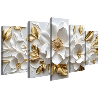 5 Piece White and Gold Flower Canvas Wall Art
