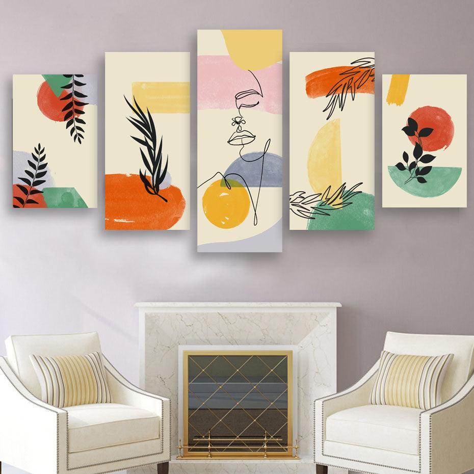 Abstract Boho Line Art 5 Piece HD Multi Panel Canvas Wall Art Frame-Original Frame