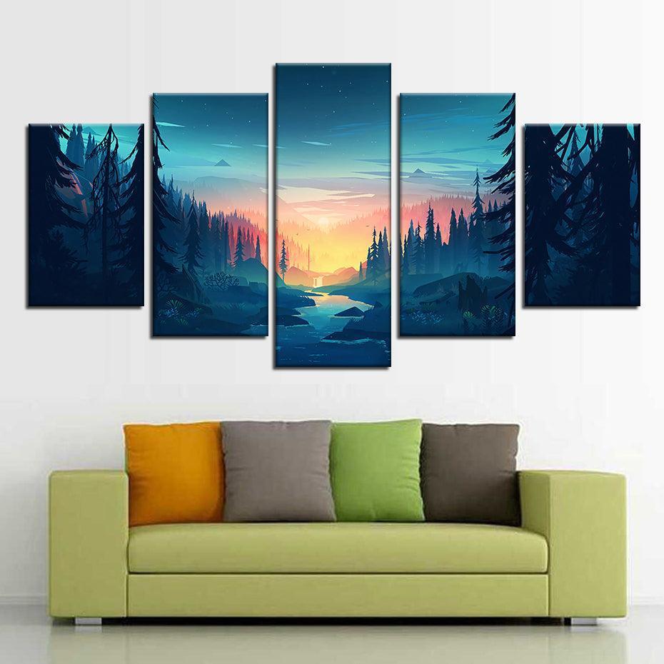Forest Sunset 5 Piece HD Multi Panel Canvas Wall Art Frame-Original Frame