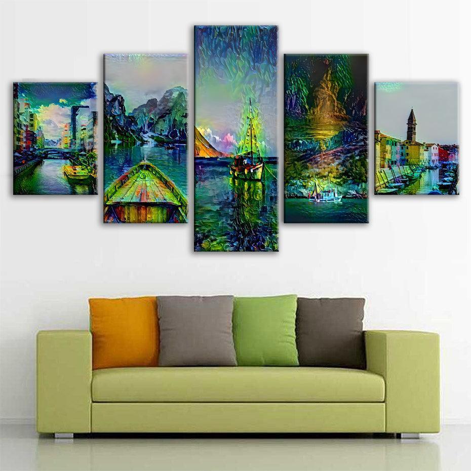 Seaside Boats 5 Piece HD Multi Panel Canvas Wall Art Frame-Original Frame