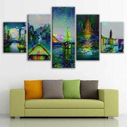 Seaside Boats 5 Piece HD Multi Panel Canvas Wall Art Frame-Original Frame