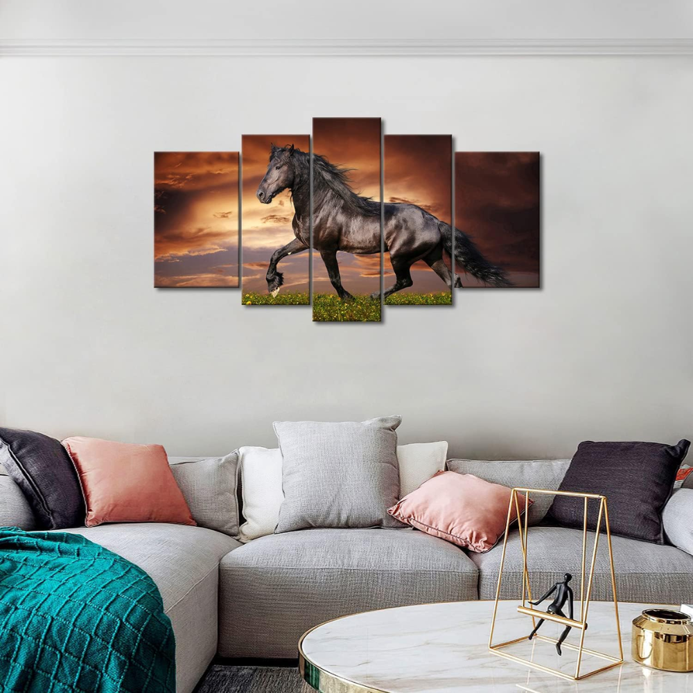 Black Friesian Horse Canvas Art 5 Piece Running at Sunset Wall Decor