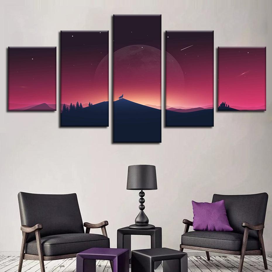 Howling Wolf 5 Piece HD Multi Panel Canvas Wall Art Frame-Original Frame