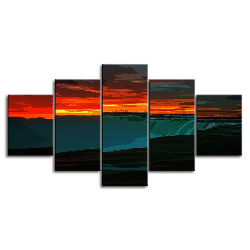 An Orange Sunrise At The Waterfall 5 Piece HD Multi Panel Canvas Wall Art Frame-Original Frame