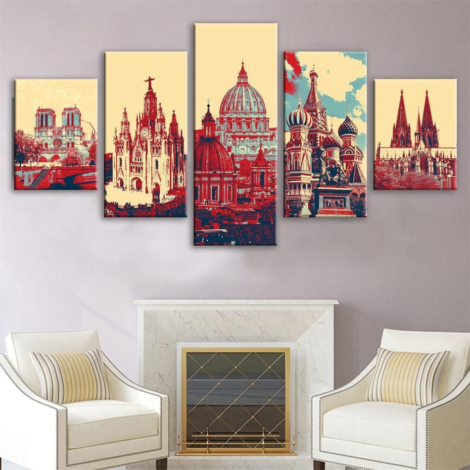 Famous Cathedrals Of Europe 5 Piece HD Multi Panel Canvas Wall Art Frame-Original Frame
