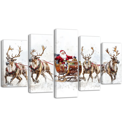 5 Piece Christmas Canvas Wall Art Santa Claus Reindeer Sleigh Decor