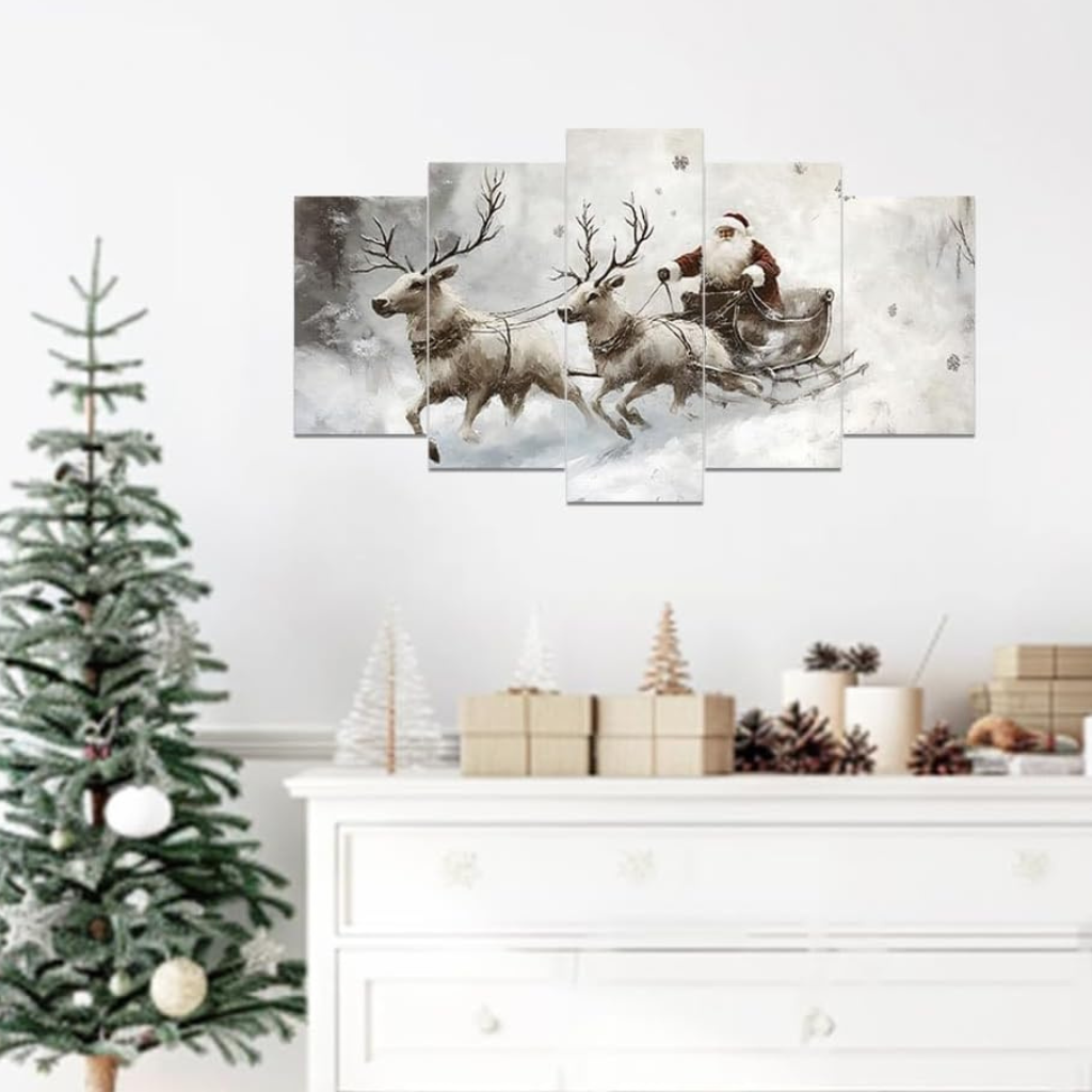  5 Piece Christmas Canvas Wall Art Santa Claus and Reindeer Pictures