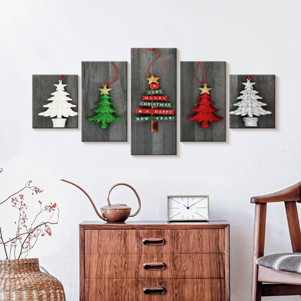 5 Piece Hanging Christmas Trees Horizontal Canvas Wall Art