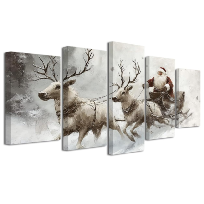 Christmas Canvas Wall Art 5 Piece Santa Claus Reindeer with Sleigh Picture Prints