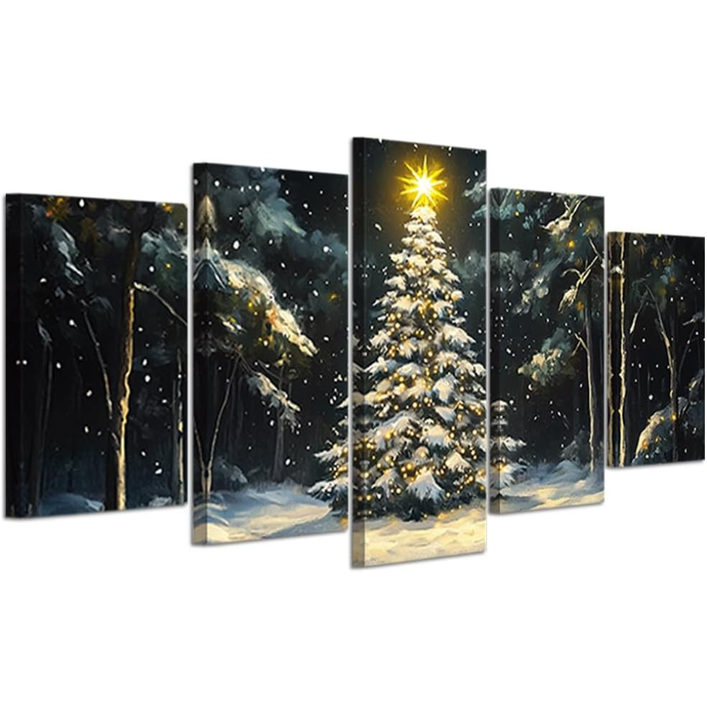 5 Piece Of Vintage Christmas Tree Winter Scene Canvas Wall Art Framed