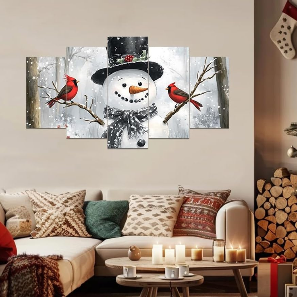 5 Piece Christmas Canvas Wall Art Red Bird and Snowman Painting Cardinal Prints